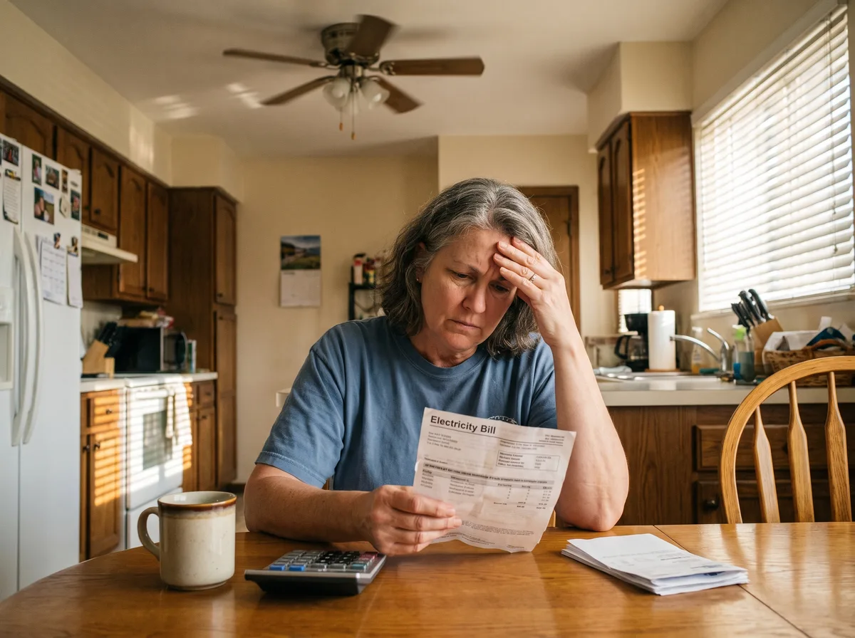 Woman reading a high electric bill at her kitchen table