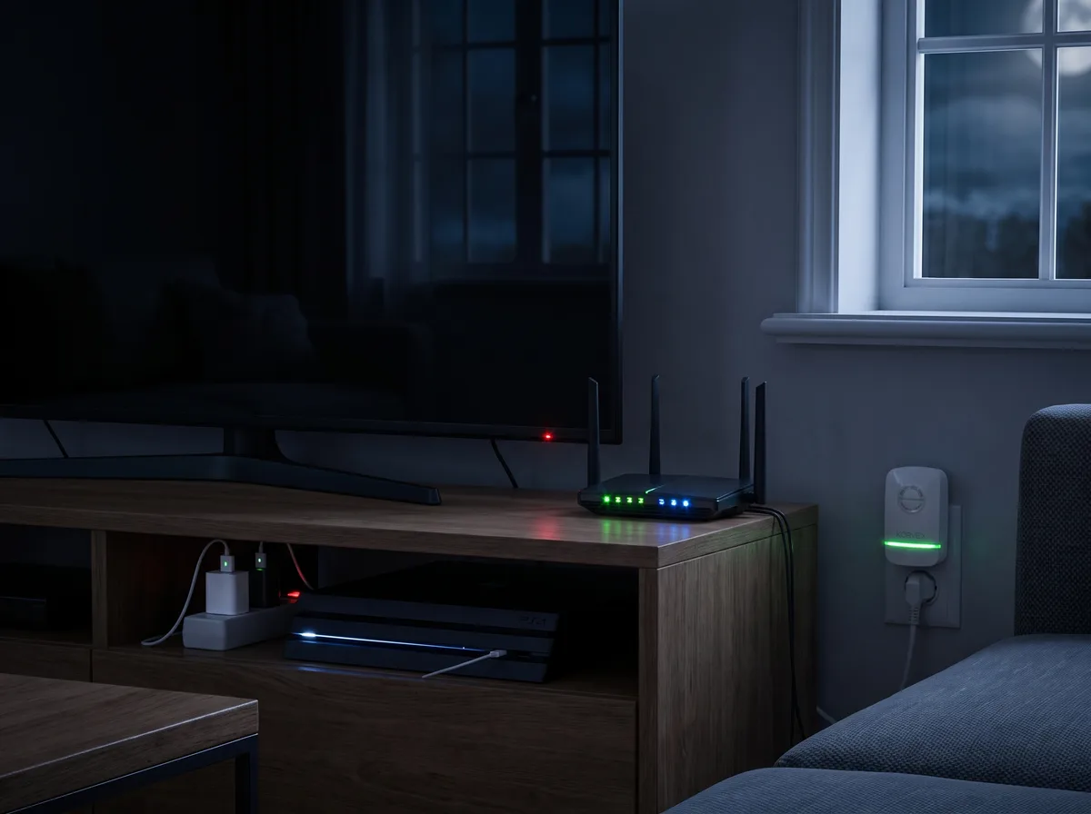 Living room at night full of standby lights, KORVEX in the outlet